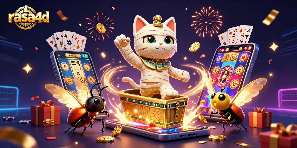 Gambaran animasi 3D rasa4d yang menampilkan kucing mumi Mesir di kasino, melawan risiko perjudian.