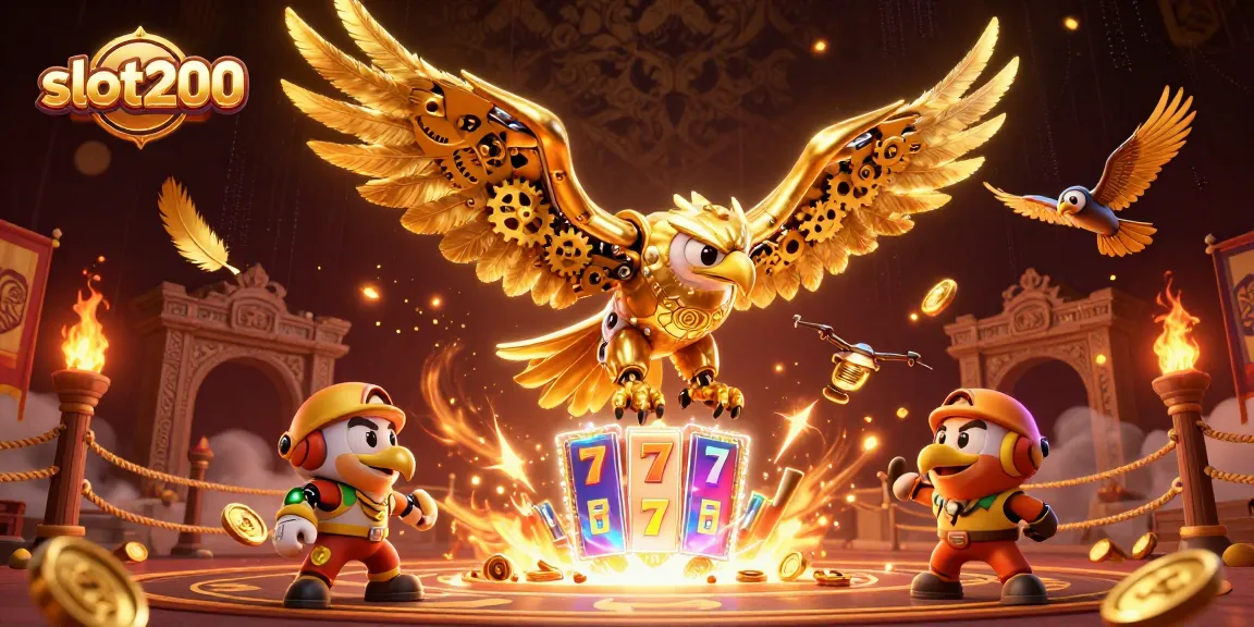Menangkan permainan slot200 dengan ilustrasi 3D elang emas cybernetic yang terbang melalui kartu permainan holografik.