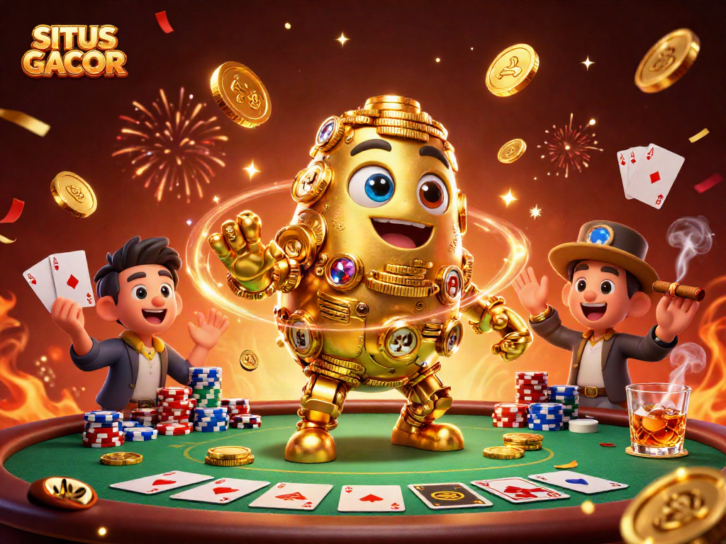 SITUS GACOR showcases a vibrant illustration of an ancient golden golem, set in a lively casino scene.